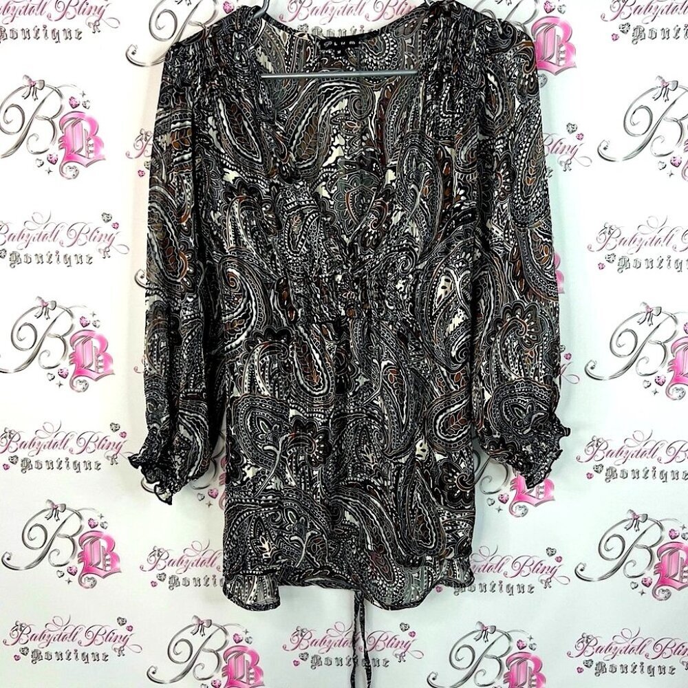 Plum blouse Paisley Print ruffle smocked tie up shiny shimmer long sleeve  Top